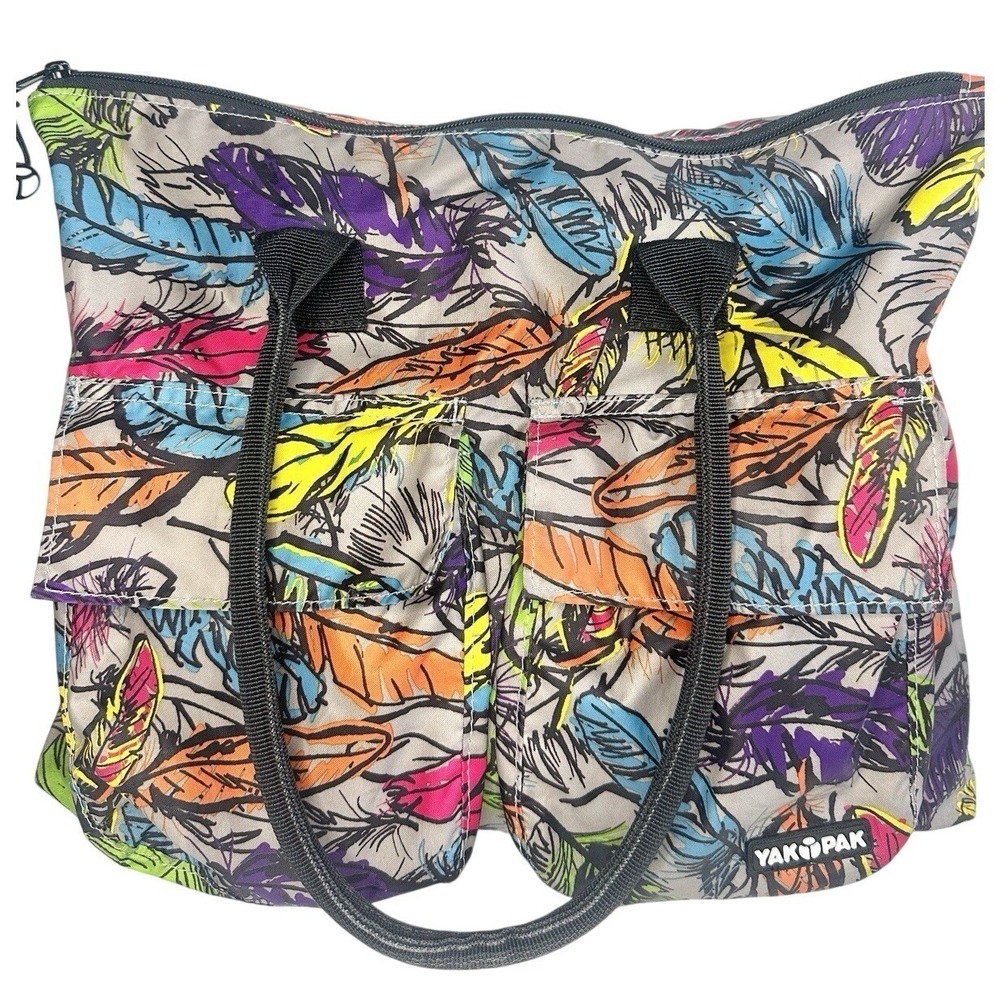 YAK PAK Tote Bag Feather Print Nylon Multi Color Shoulder Zipper Pockets Travel